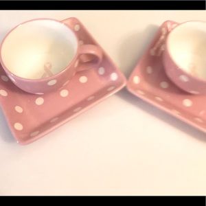 Pampered Chef - Two sets of pink and white dots cup bowl and square saucer.